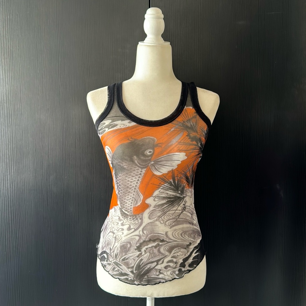 VTG JPG JEAN PAUL GAULTIER SOLIEL Y2K 90s Mesh Koi Tattoo Print Tank Top M